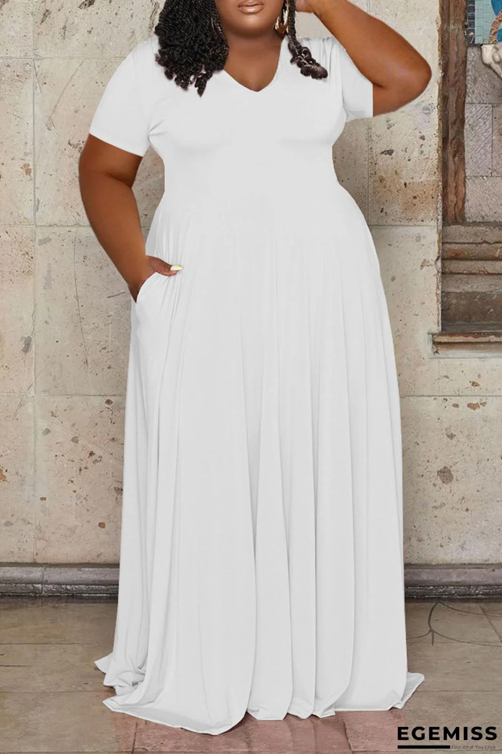 White Casual Solid Patchwork V Neck Straight Plus Size Dresses | EGEMISS