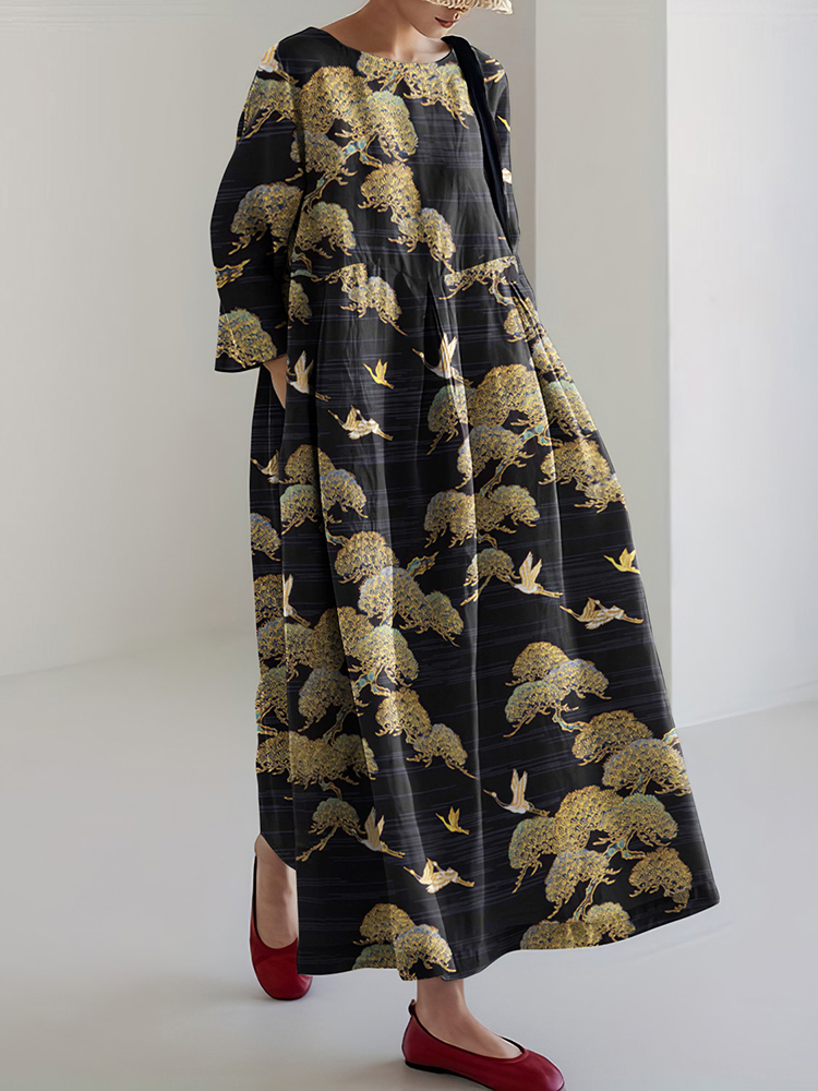 Comstylish Japanese Art Crane Print Round Neck Loose Midi Dress