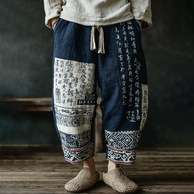 Men's Japanese Art Contrast Color Linen Pants  artssus