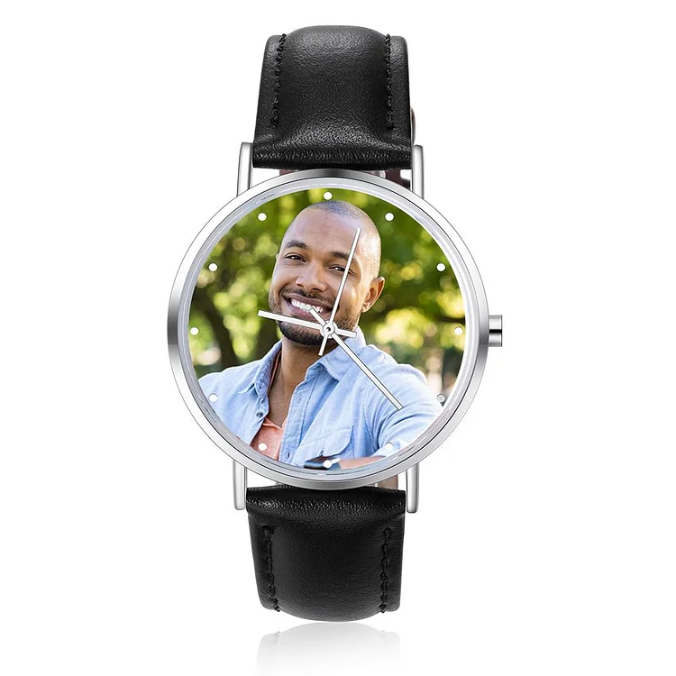 Personalized Photo Men's Watch Black Leather Gifts for Him