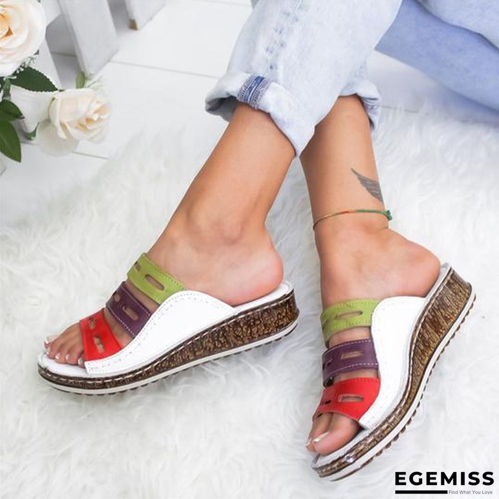 Women Three-color Stitching Casual Low Wedge Heel  Peep Toe Sandals Slippers Shoes | EGEMISS