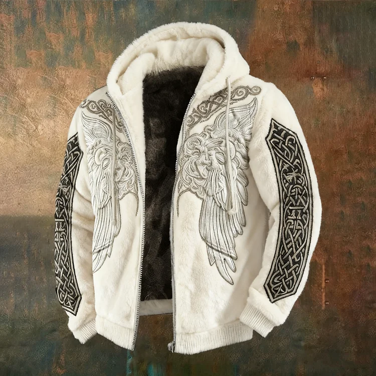 Men's Retro Celtic Knot And Wing Art Plush Coat
