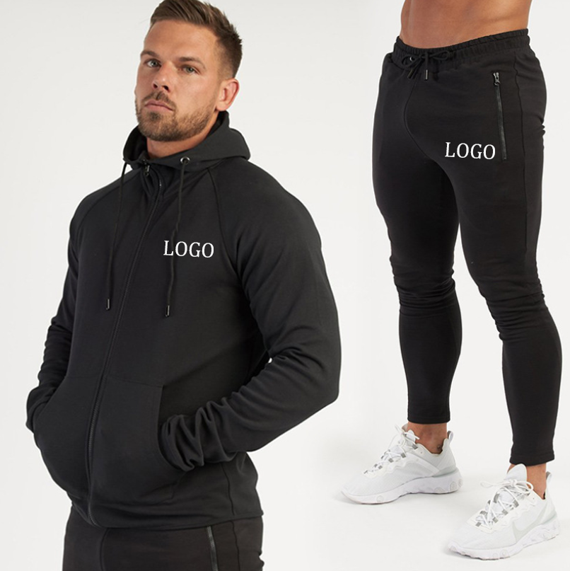 High Quality Mens Sports Leisure Two Piece Outdoor Fitness Exercise Hooded Sweater Slim Pants Suit Cotton