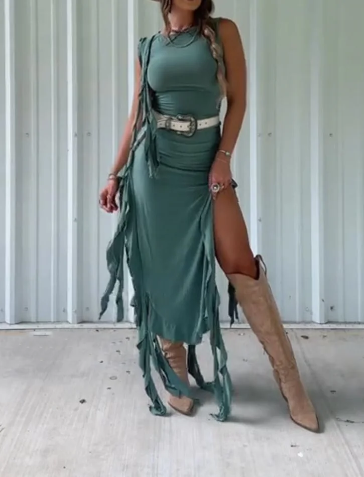 Moss Green Sleeveless Ruffled Slit Dress