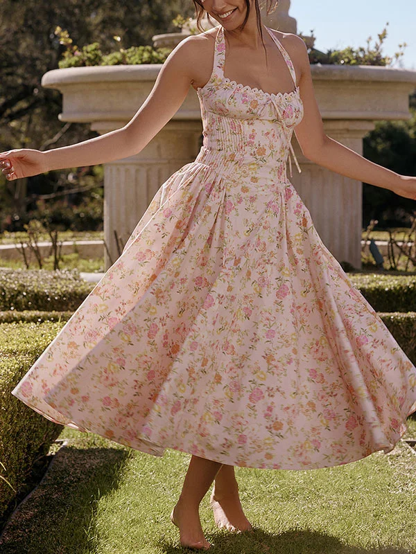 Neck-hanging Floral Corset Garden Party Dress