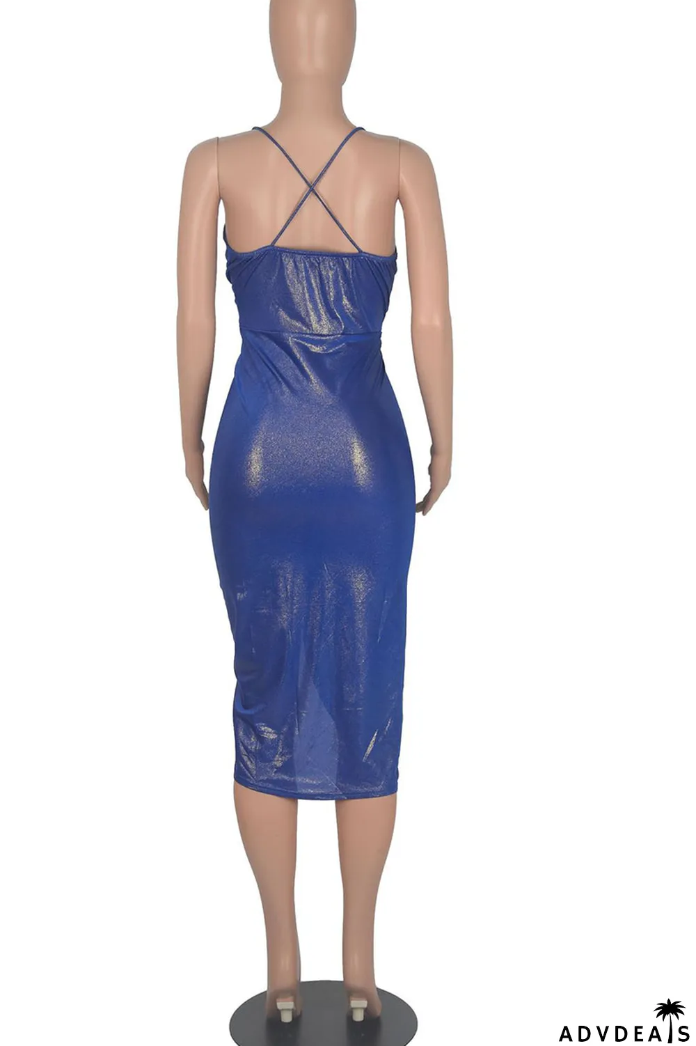 Blue Sexy Solid Split Joint Fold Asymmetrical Spaghetti Strap Sling Dress Dresses