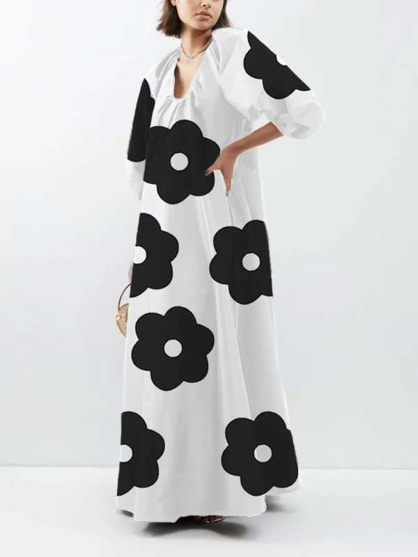 Floral Printing V-Neck Solid Color Puffy Sleeves Maxi Dress