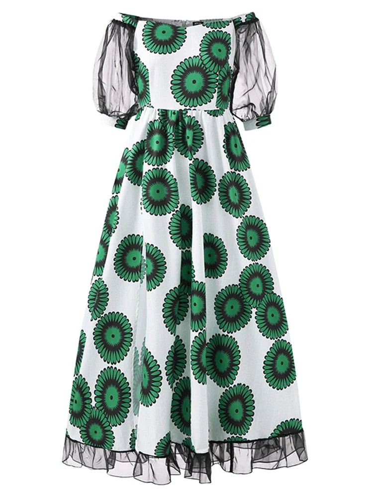 Summer Half Sleeve Lace Patchwork Dress 2022 VONDA Women Sexy Off Shoulder Vintage Floral Print Maxi Dresses Patchwork Vestido