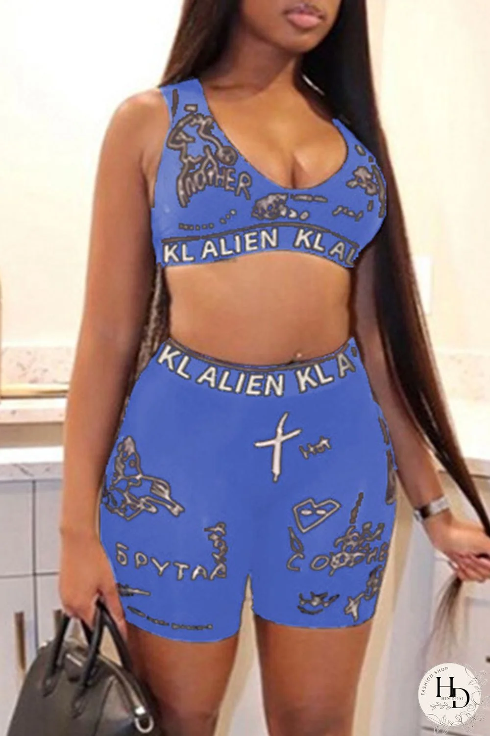 Blue Fashion Casual Print Basic V Neck Sleeveless Two Pieces