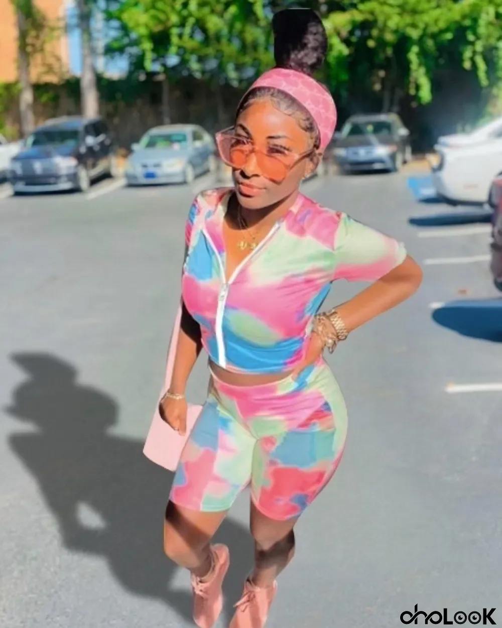 Tie-Dye Print Zipper Short Sleeve 2 Piece Sets
