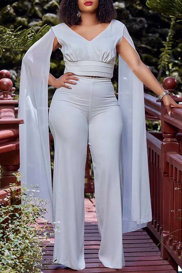 V Neck Caped Sleeve Crop Top High Waist Wide Leg Pants Matching Set-White