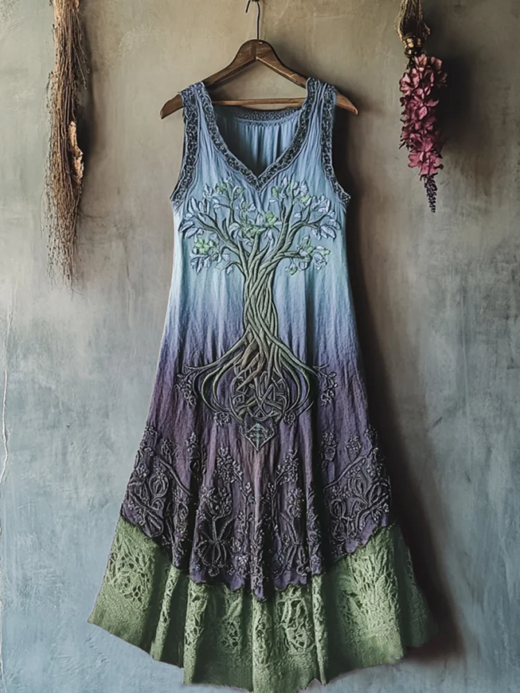 Vintage Viking Tribal Celtic Knot Life Of Tree Lace Patchwork Art Linen Tank Dress