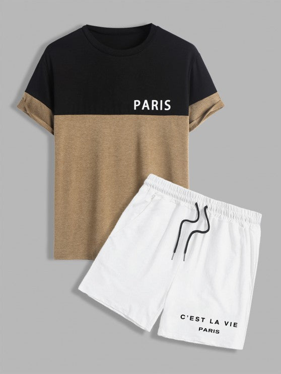 Two Tone Pattern T Shirt And Graphic Printed Shorts Set