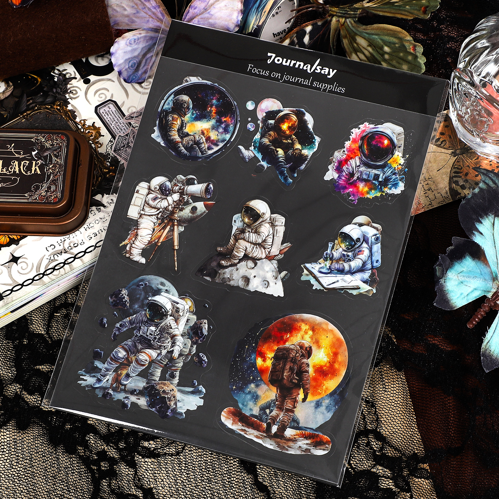 PET Sticker - 2 Sheets Vintage Astronaut Character Moon Landscape 