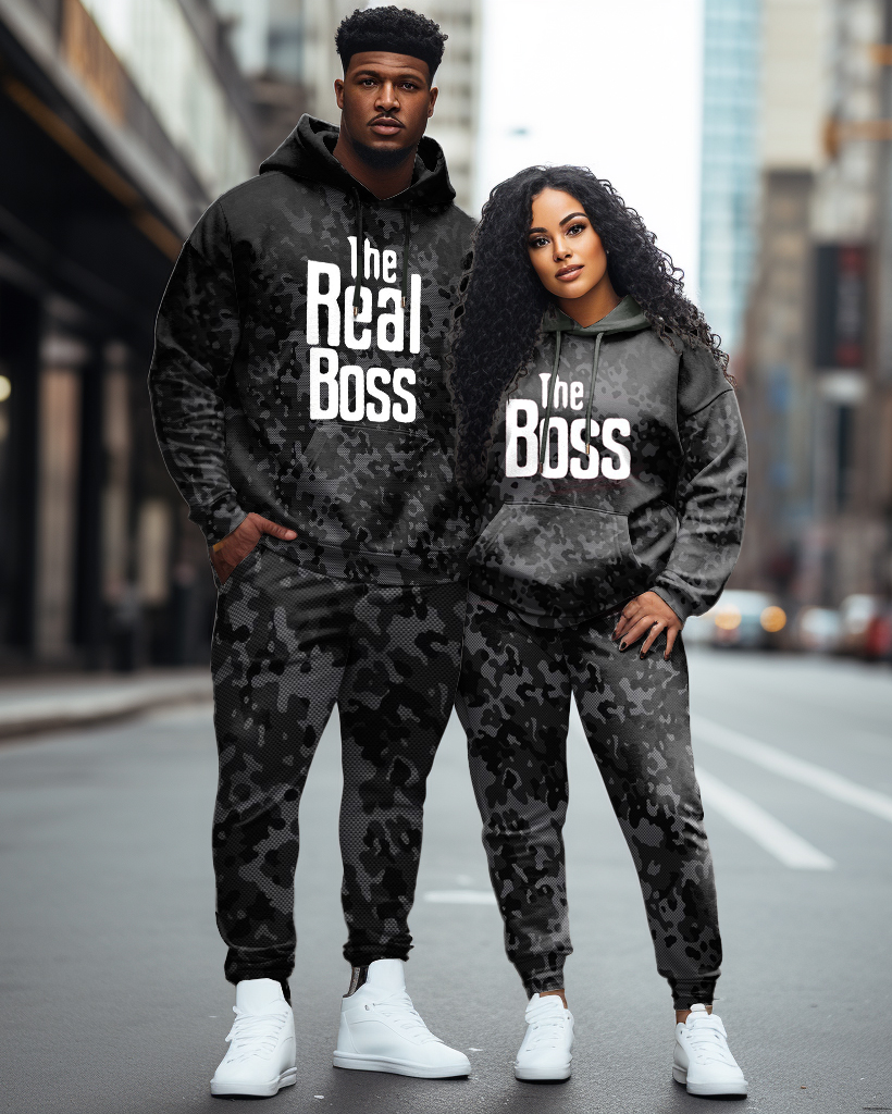Couple Outfits Plus Size Real Boss Funny Text Camouflage Hoodie Set