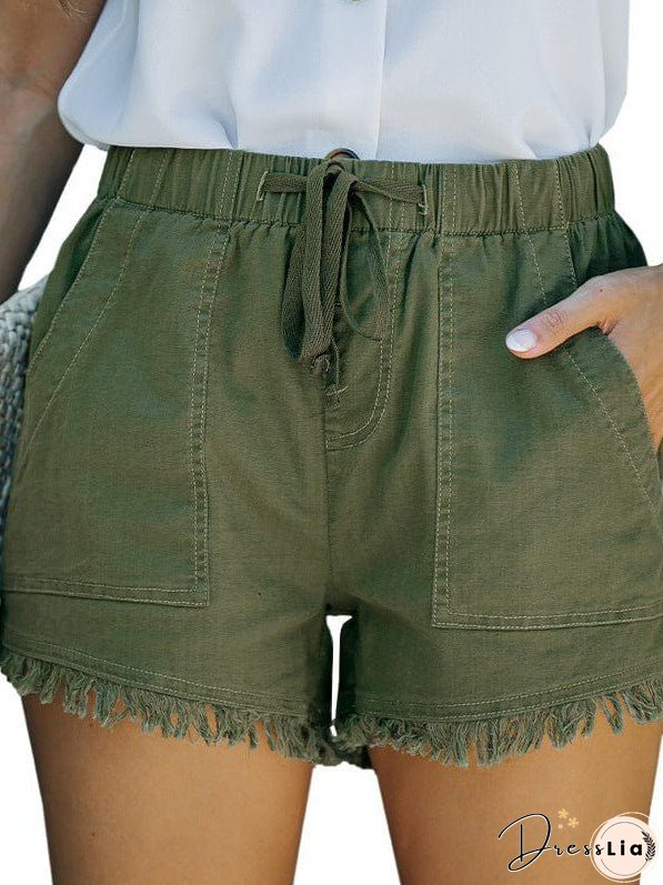 Women'S High Waist Denim Shorts With Elastic Waistband And Fringed Details