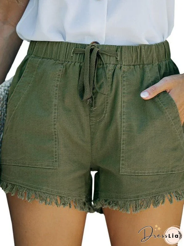 Women'S High Waist Denim Shorts With Elastic Waistband And Fringed Details