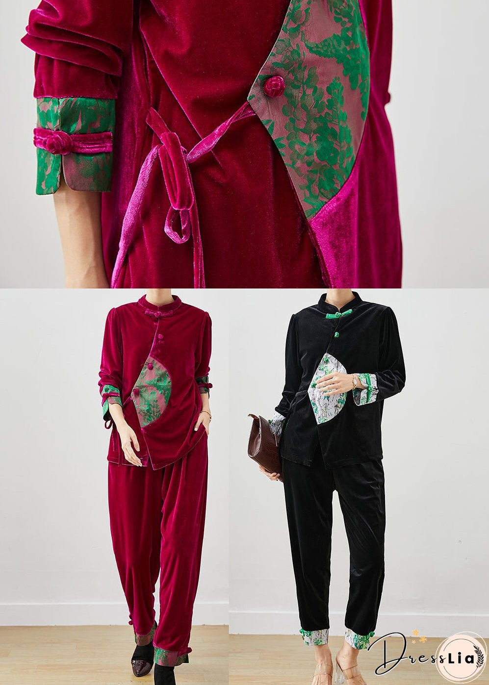 Vintage Rose Tie Waist Patchwork Silk Velour Two Pieces Set Spring