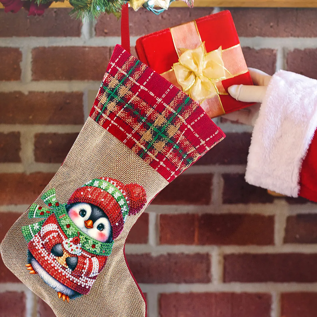 DIY Diamond Painting Christmas Stockings Hanging Ornaments Large Capacity Xmas Socks Pendant Wear Resist Candy Gift Storage Bags for Family Christmas Holiday Party Decoration (Christmas penguin)