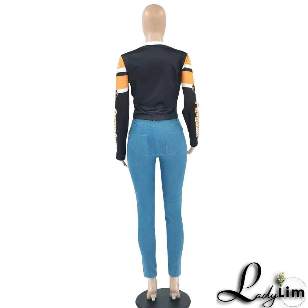 Women Round Neck Letter Print Long Sleeve Jacket