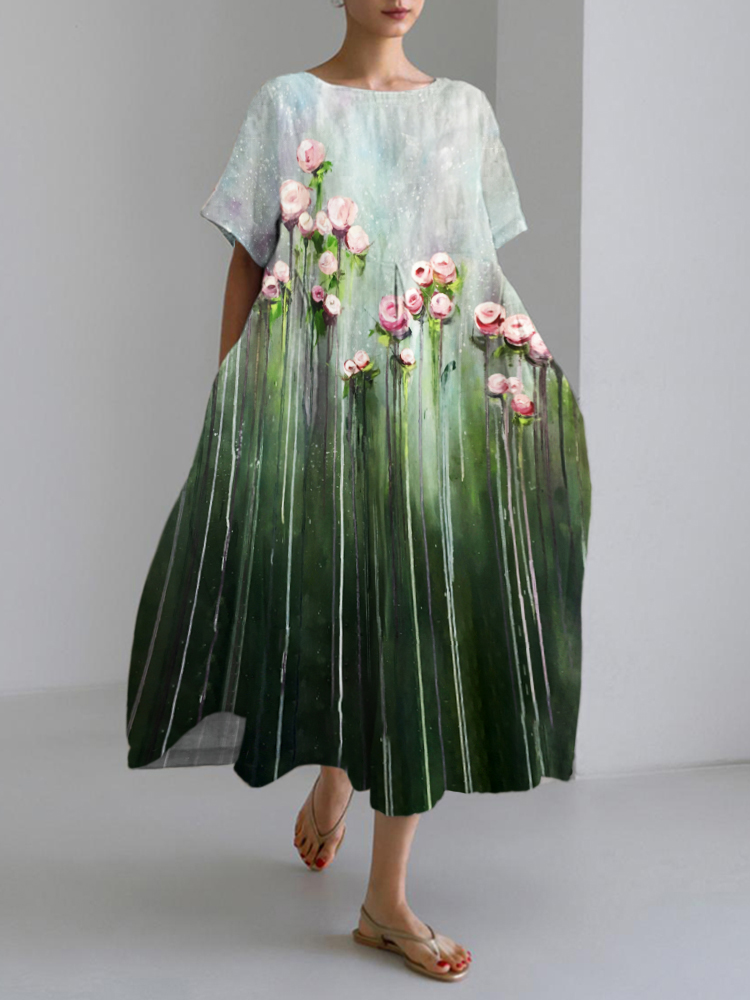Spring Flower Oil Art Print Linen Blend Maxi Dress