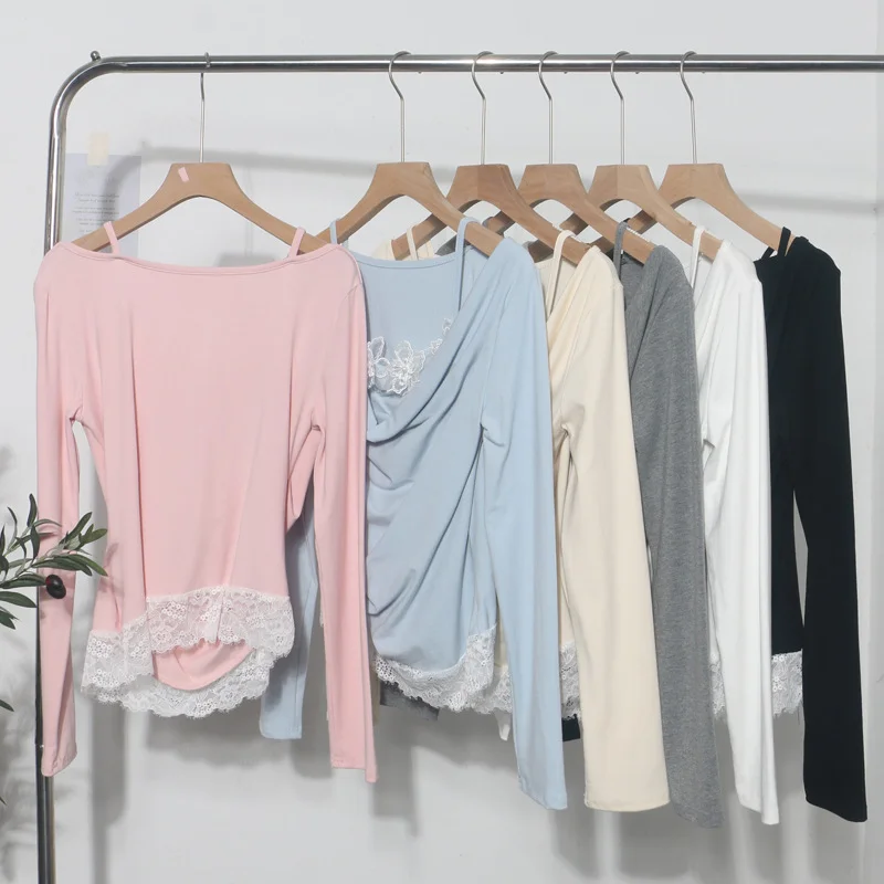 Nigikala Nigikala Autumn Fake Two Lace Lace Collar Folding Long Sleeves Slimming Bottom T-Shirt Top Woman 2532