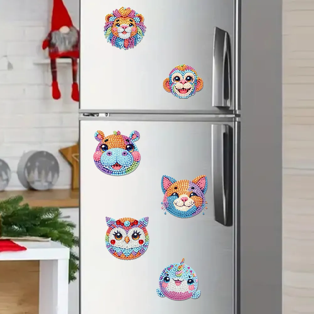 6Pcs Animal Head Acrylic Diamond Painting Art Fridge Magnet for Adults Beginners