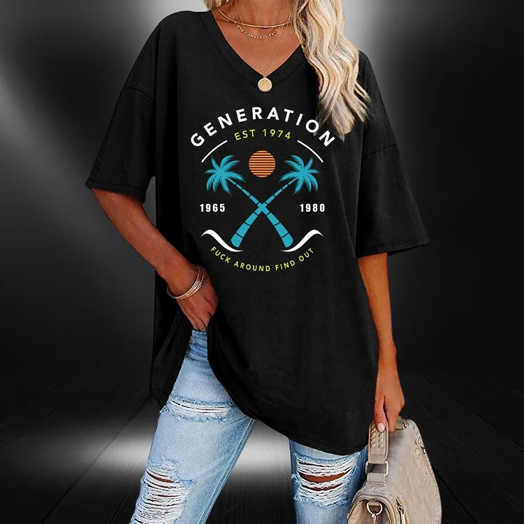 Gen X Summer Vacation Style Customized Woman T-Shirt FAFO Design V-neck T-shirt