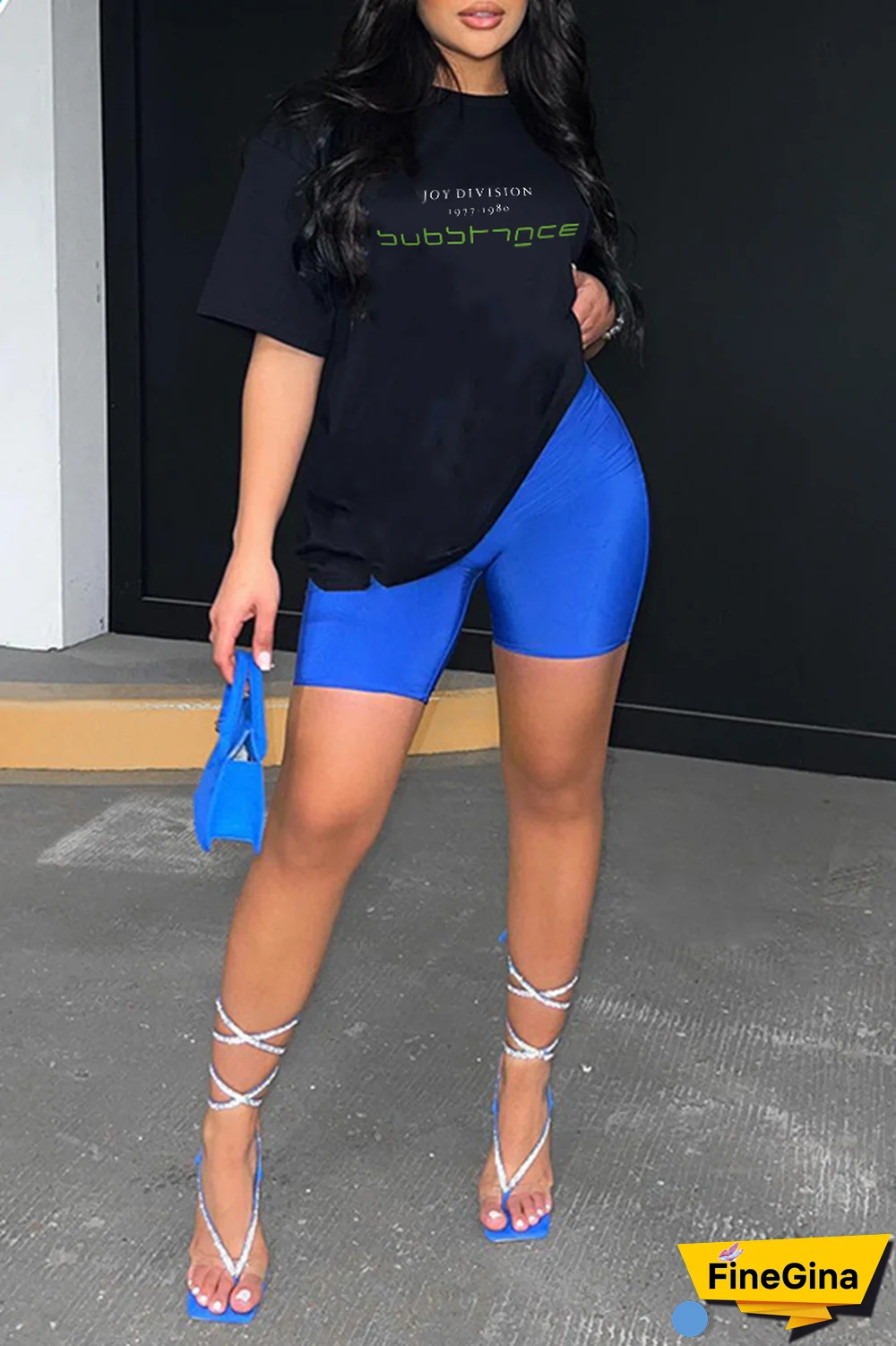 Black Casual Daily Print Patchwork Letter O Neck T-Shirts