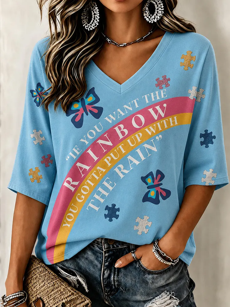 Women's Country Music "if You Want A Rainbow, You Have To Endure The Storm" Pattern, Dolly Rainbow Slogan V-neck Casual T-shirt. artswardrobe