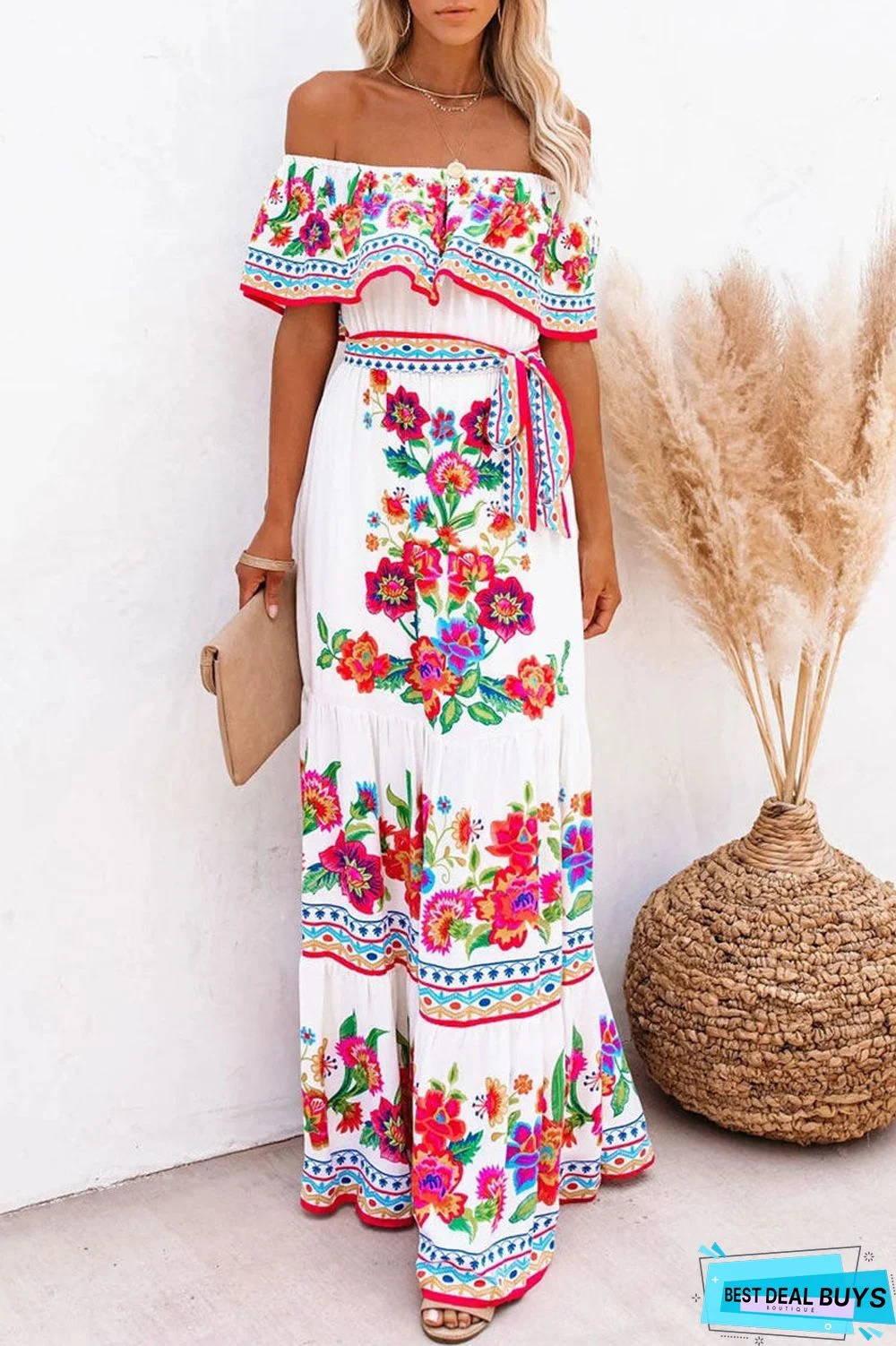 Fashion Street Print Off the Shoulder A Line Dresses(6 Colors)