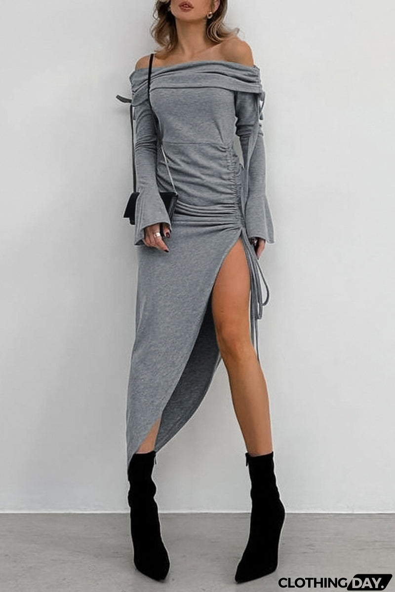 Sexy Solid Color Draw String Off Shoulder Wrapped Skirt Dresses