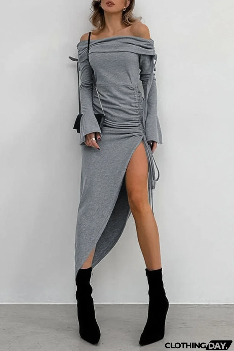 Sexy Solid Color Draw String Off Shoulder Wrapped Skirt Dresses