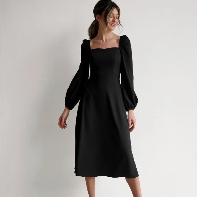 Red Party Dress New Year Fashion a Line Women Dress Puff Sleeve Zipper Square Collar 2023 New Midi Length Autumn Winter