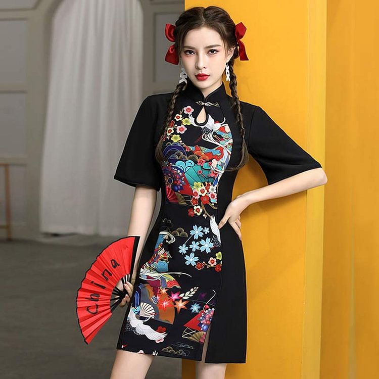 Vintage Colorful Print Short Sleeve Cheongsam Dress - Modakawa modakawa