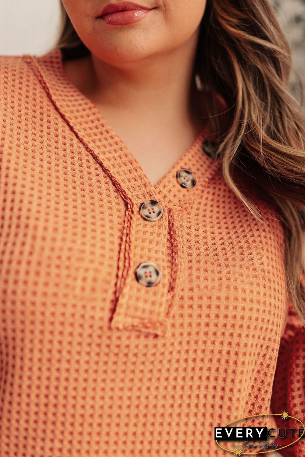 Orange Buttoned V Neck Waffle Knit Plus Size Top