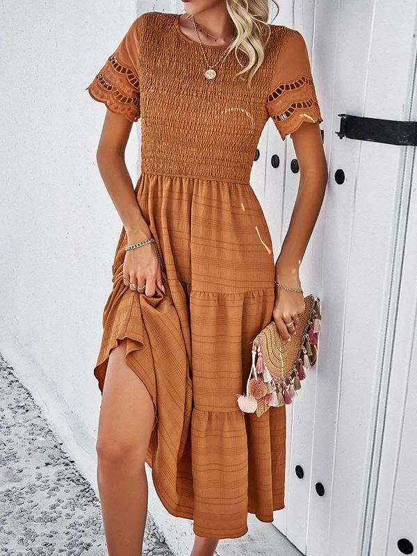 Split-Joint Solid Color Hollow Elasticity Short Sleeves Loose Round-Neck Midi Dresses