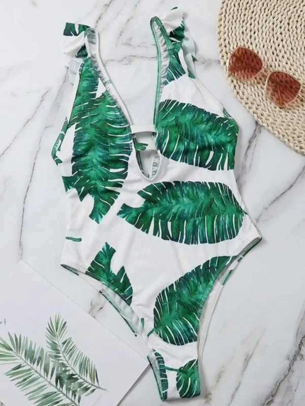 Sleeveless Monstera Ceriman Backless One-Piece Swimwear