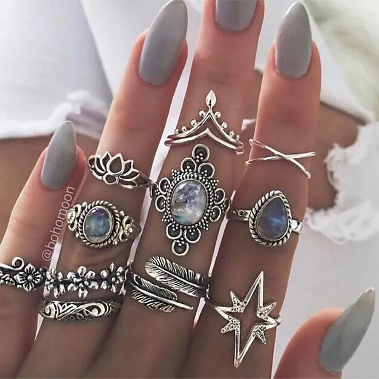 Retro Rhinestone Carving Flower Star Crystal Rings Set