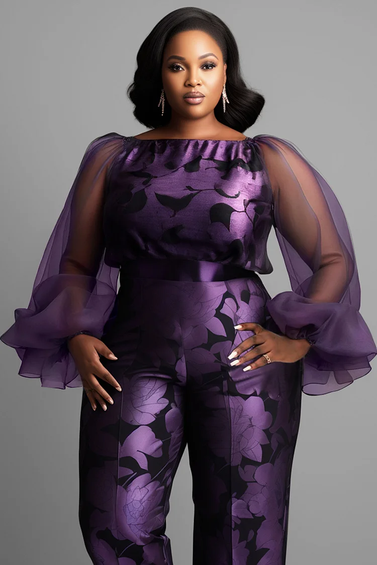 Xpluswear Design Plus Size Formal Purple Floral Boat Neck Lantern Sleeve Long Sleeve See Through Elegant Satin Tulle Jumpsuits [Pre-Order]