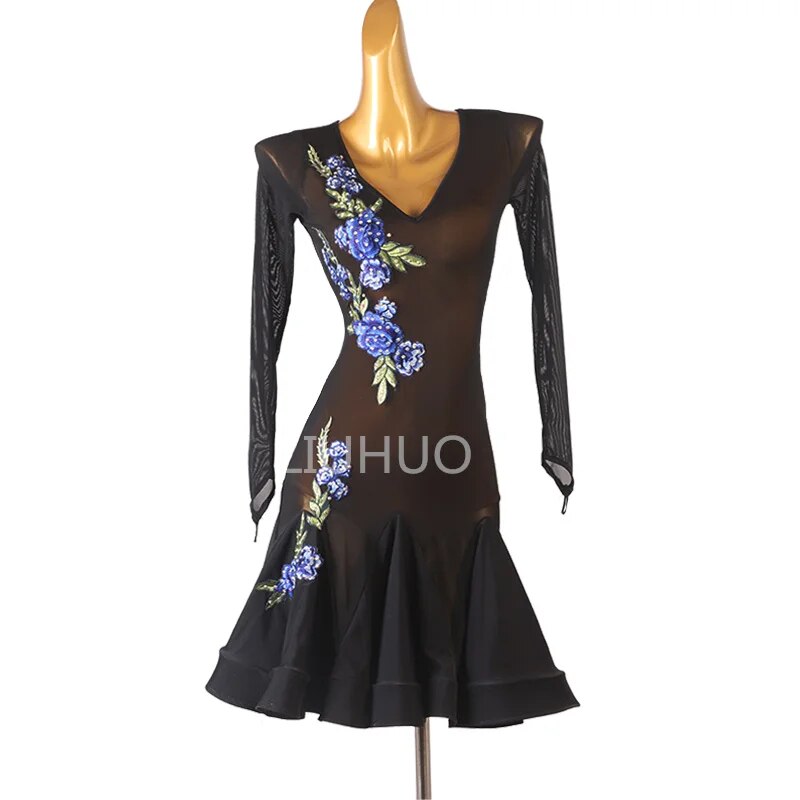 Embroidered Blue Flowers Latin Dress Race Dress Woman Professional Performance Competition Custom