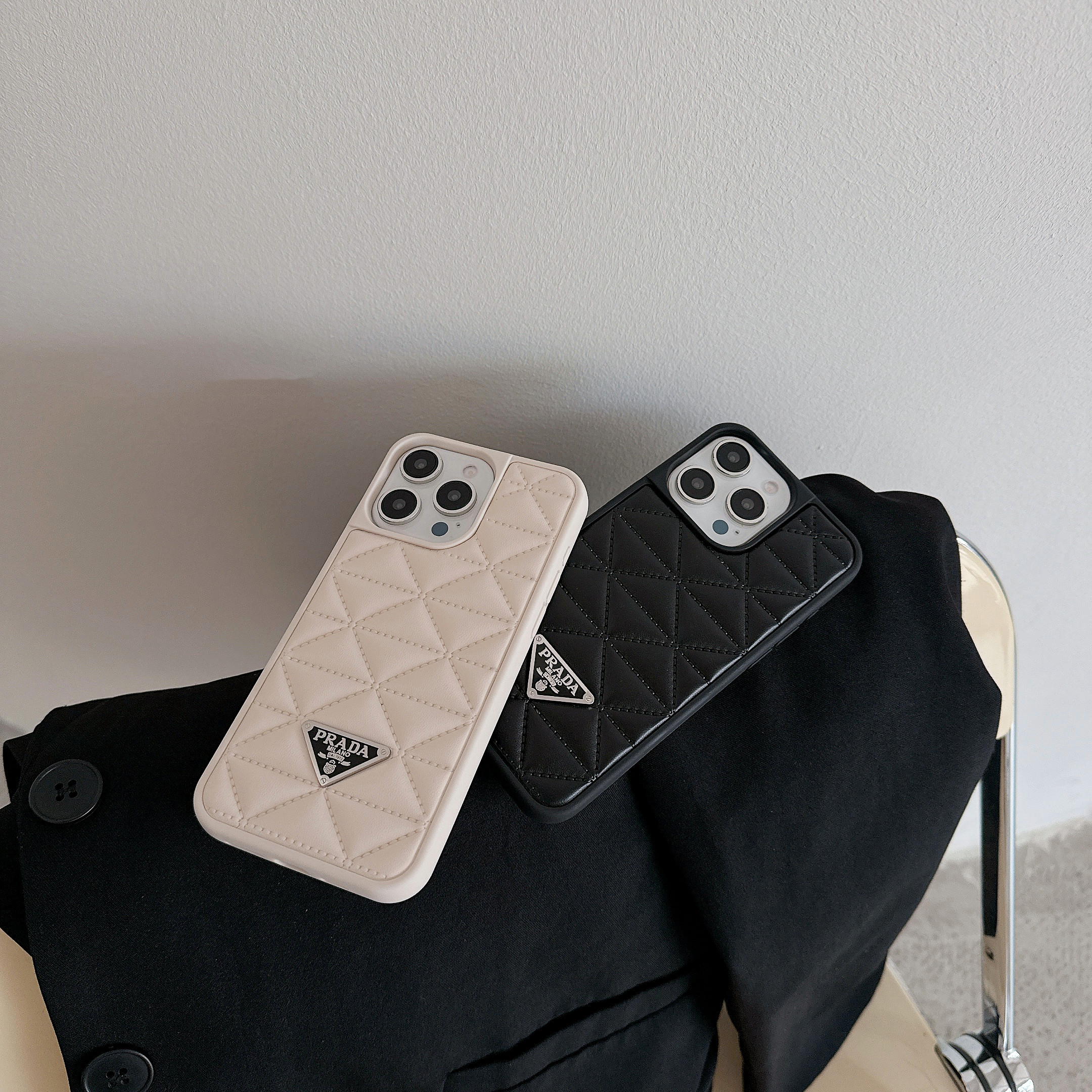 Prada Elegant Metal Monogram Diamond-Quilted Lambskim Leather Apple iPhone Case
