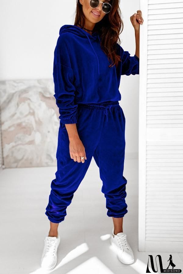 MidiSono - Velvet Drawstring Hooded Joggrt Set