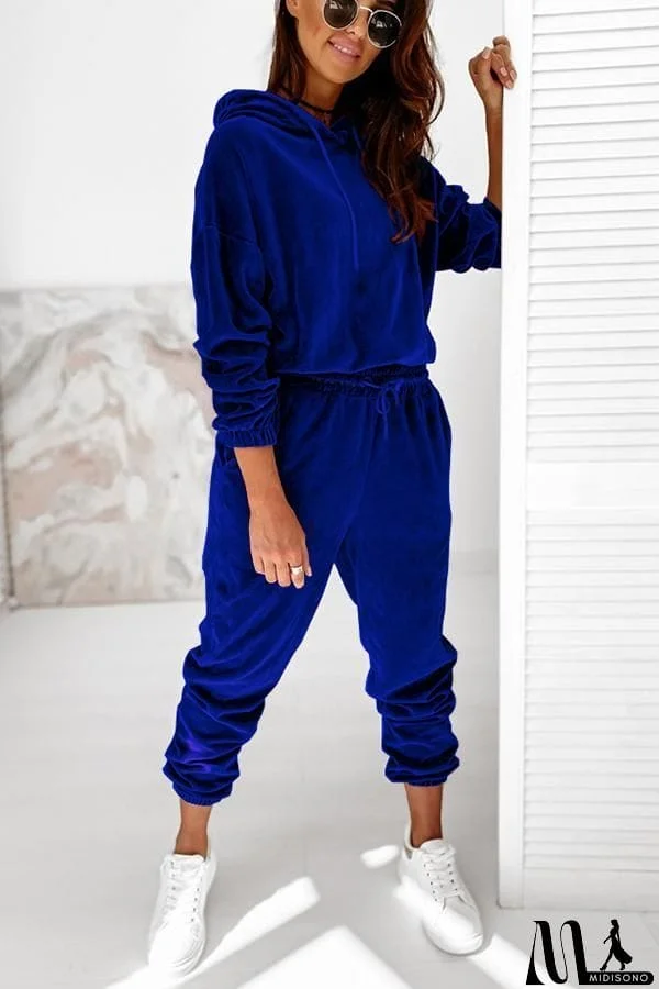 MidiSono - Velvet Drawstring Hooded Joggrt Set