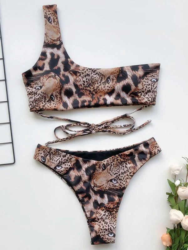 One-Shoulder Leopard-Print Split Bikini Swimsuit