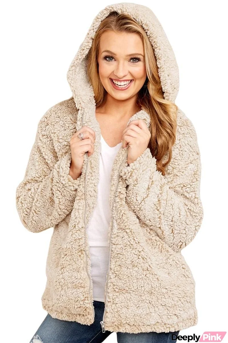 Khaki Zip Down Furry Hooded Jacket