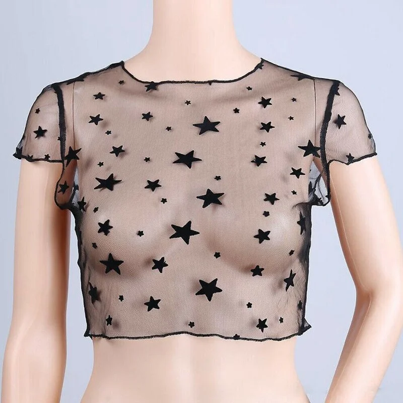 Sexy Women's Star Printed Transparent Mesh Sheer Ruffled Short Sleeve High turtleneck Crop Top Sexy Short T-Shirt