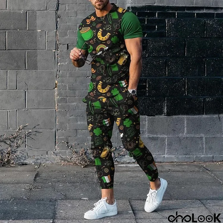 Men St. Patrick's Day Fashion Casual Clover Top Hat 3D Print Plus Size Short Sleeve Round Neck T-Shirt Trousers Set