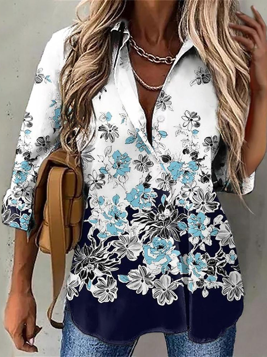 Women Long Sleeve V-neck Graphic Floral Printed Top