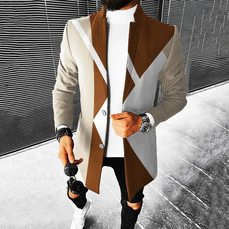 Men's Casual Geometric Khaki Print Coat